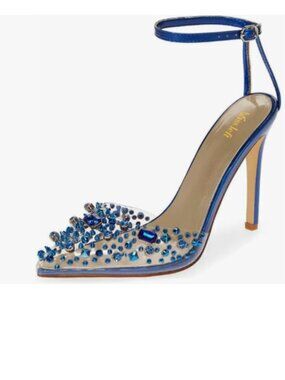 miss left Blue Gem Closed Pointed Toe Sky High Heel Sandals Crystal Shoes